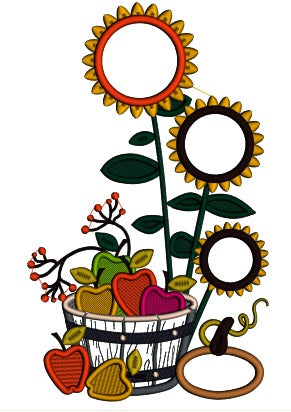 Sunflowers And Apples In The Wooden Basket Fall Applique Machine Embroidery Design Digitized Pattern