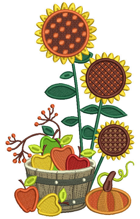 Sunflowers And Apples In The Wooden Basket Fall Filled Machine Embroidery Design Digitized Pattern
