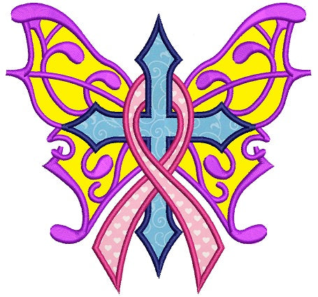 Support Breast Cancer Cross with Ribbon Applique Machine Embroidery Digitized Design Pattern