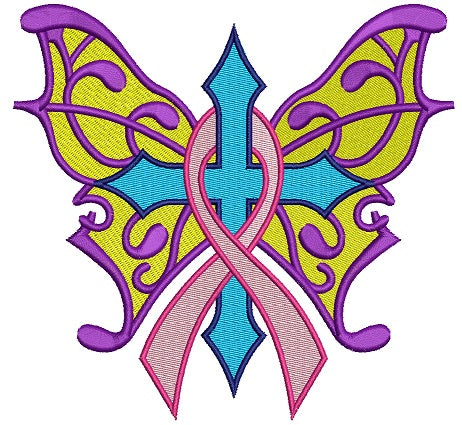 Support Breast Cancer Cross with Ribbon Filled Machine Embroidery Digitized Design Pattern