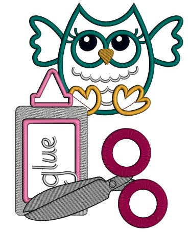 Teacher Owl With Scissors And Glue School Applique Machine Embroidery Digitized Design Pattern