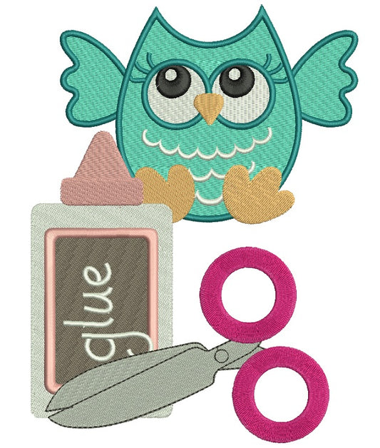 Teacher Owl With Scissors And Glue School Filled Machine Embroidery Digitized Design Pattern