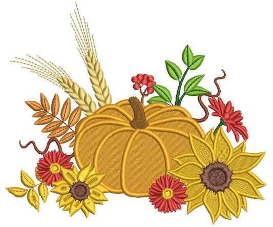 Thanksgiving Pumpkin With Flowers Filled Machine Embroidery Design Digitized Pattern