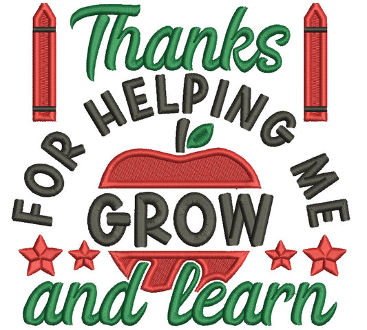 Thanks For Helping Me Grow And Learn Teacher Filled Machine Embroidery Design Digitized Pattern