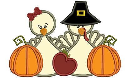Thanksgiving Boy and a Girl Turkeys With Pumpkins Applique Machine Embroidery Digitized Design Pattern