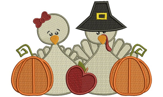 Thanksgiving Boy and a Girl Turkeys With Pumpkins Filled Machine Embroidery Digitized Design Pattern