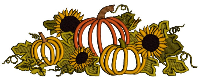 Thanksgiving Cornucopia WIth Pumpkins and Sunflowers Applique Machine Embroidery Design Digitized Pattern