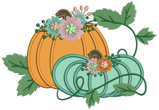 Thanksgiving Pumpkins With Flowers Applique Machine Embroidery Design Digitized Pattern