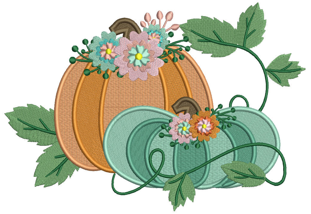 Thanksgiving Pumpkins With Flowers Filled Machine Embroidery Design Digitized Pattern