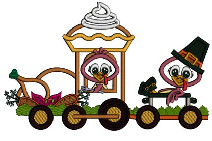 Thanksgiving Train With Two Turkeys Applique Machine Embroidery Design Digitized Pattern