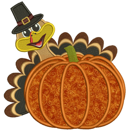 Thanksgiving Turkey Behind Pumpkin Applique Machine Embroidery Design Digitized Patter