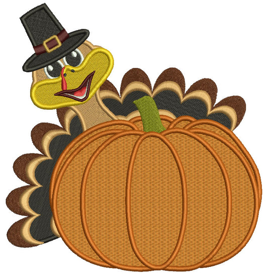 Thanksgiving Turkey Behind Pumpkin Filled Machine Embroidery Design Digitized Patter