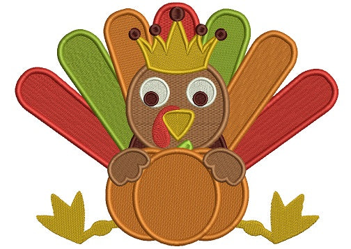 Thanksgiving Turkey Wearing Crown With a Big Pumpkin Thanksgiving Filled Machine Embroidery Digitized Design Pattern