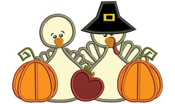 Thanksgiving Turkeys With Pumpkins Applique Machine Embroidery Digitized Design Pattern