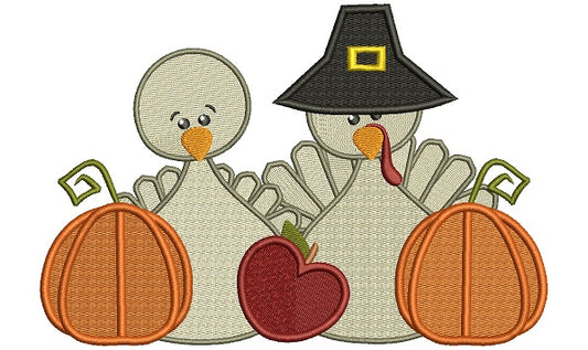 Thanksgiving Turkeys With Pumpkins Filled Machine Embroidery Digitized Design Pattern