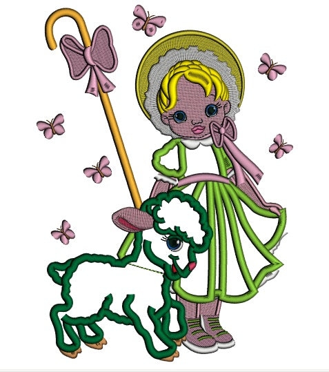 The Shepherd Girl With a Lamb Easter Applique Machine Embroidery Design Digitized Pattern