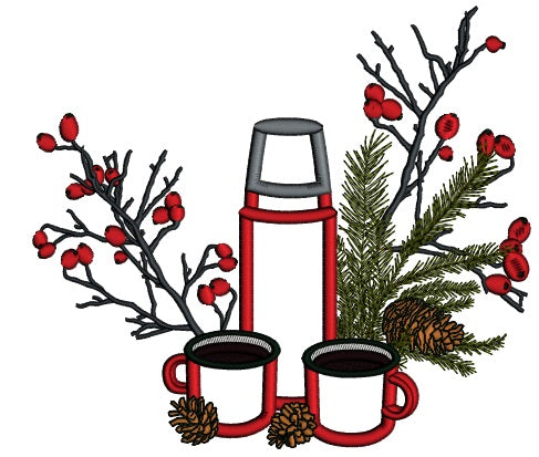 Thermos And Coffee Christmas Applique Machine Embroidery Design Digitized Pattern