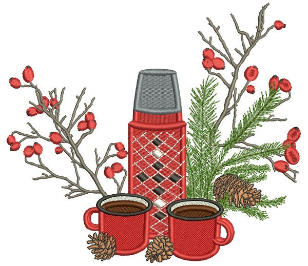 Thermos And Coffee Christmas Filled Machine Embroidery Design Digitized Pattern