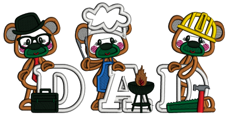 Three Bears Dad Father's Day Applique Machine Embroidery Design Digitized Pattern