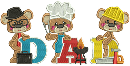 Three Bears Dad Father's Day Filled Machine Embroidery Design Digitized Pattern