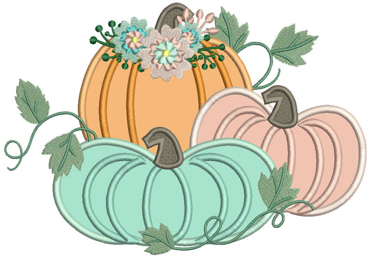 Three Beautiful Pumpkins With Flowers Applique Machine Embroidery Design Digitized Pattern
