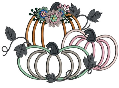 Three Beautiful Pumpkins With Flowers Applique Machine Embroidery Design Digitized Pattern