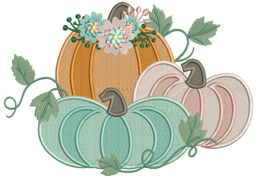 Three Beautiful Pumpkins With Flowers Filled Machine Embroidery Design Digitized Pattern