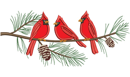 Three Cardinal Birds on a Tree Branch Applique Machine Embroidery Digitized Design Pattern