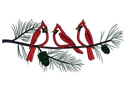Three Cardinal Birds on a Tree Branch Applique Machine Embroidery Digitized Design Pattern