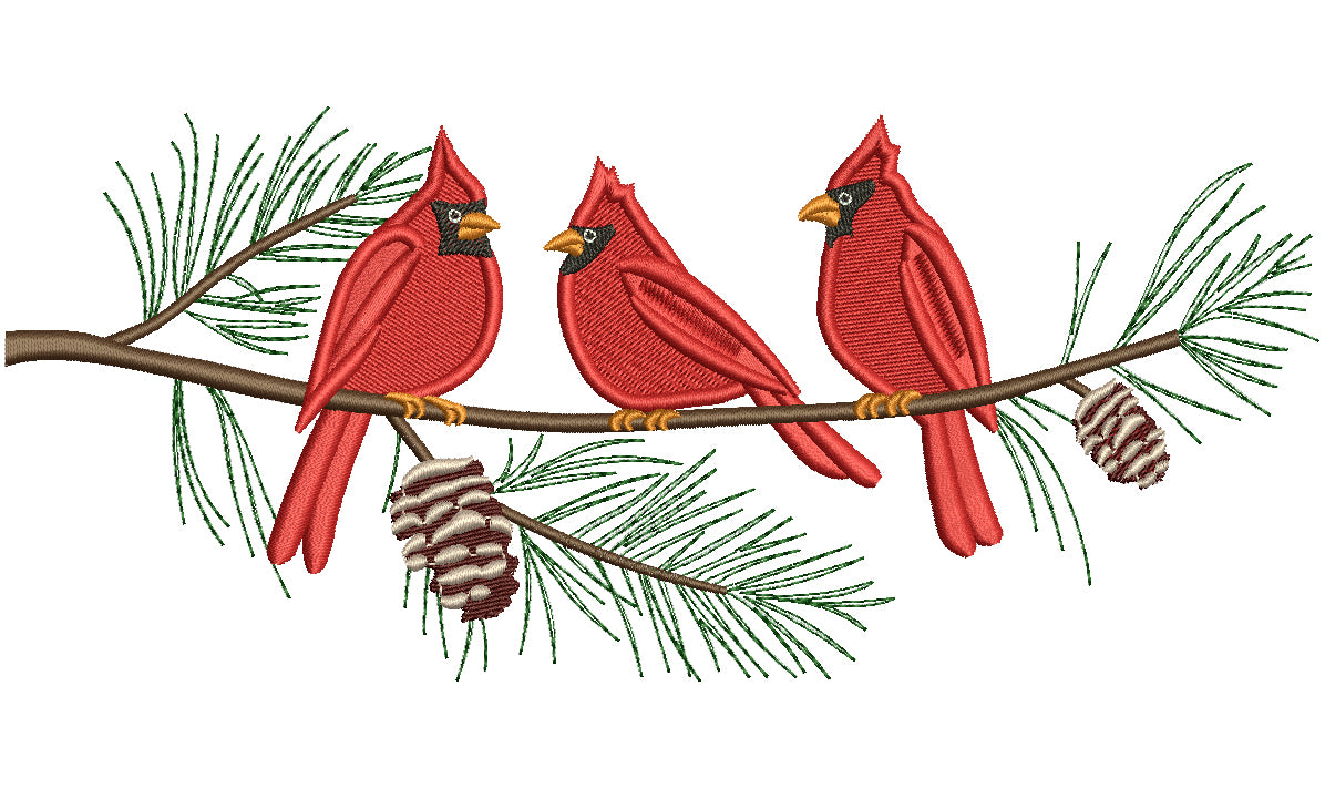 Three Cardinal Birds on a Tree Branch Filled Machine Embroidery Digiti ...