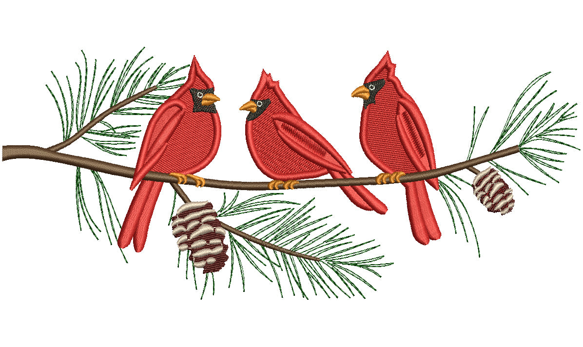 Three Cardinal Birds on a Tree Branch Filled Machine Embroidery Digitized Design Pattern