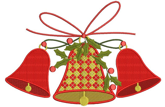 Three Christmas Bells With Ribbon Filled Machine Embroidery Design Digitized Pattern
