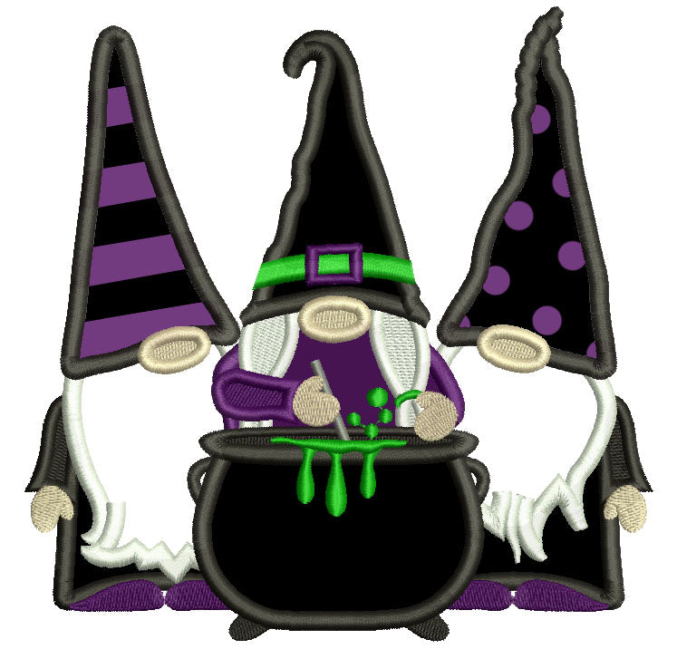 Three Gnomes Wizard Making Potion Halloween Applique Machine Embroidery Design Digitized Pattern