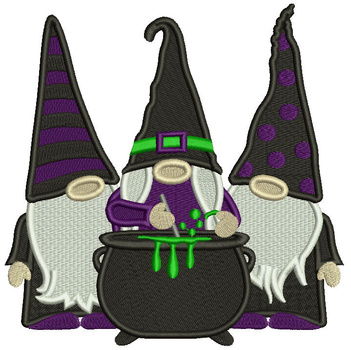 Three Gnomes Wizard Making Potion Halloween Filled Machine Embroidery Design Digitized Pattern