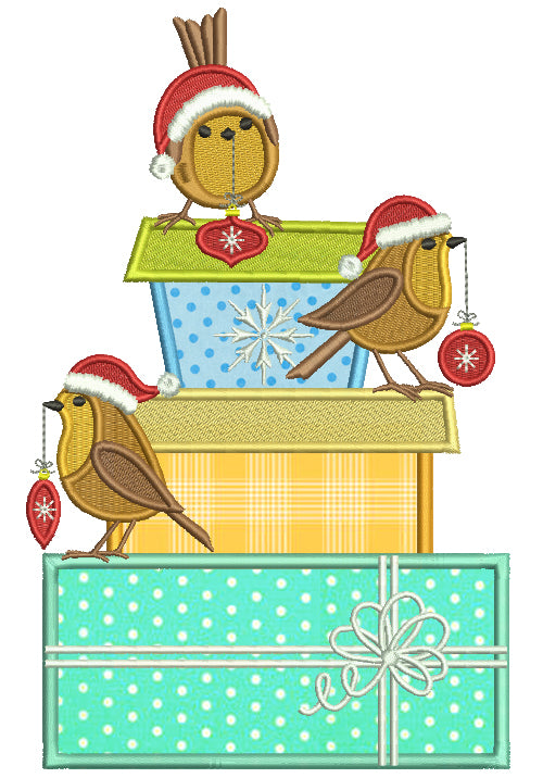 Three Little Birds Sitting On Christmas Presents Applique Machine Embroidery Design Digitized Pattern