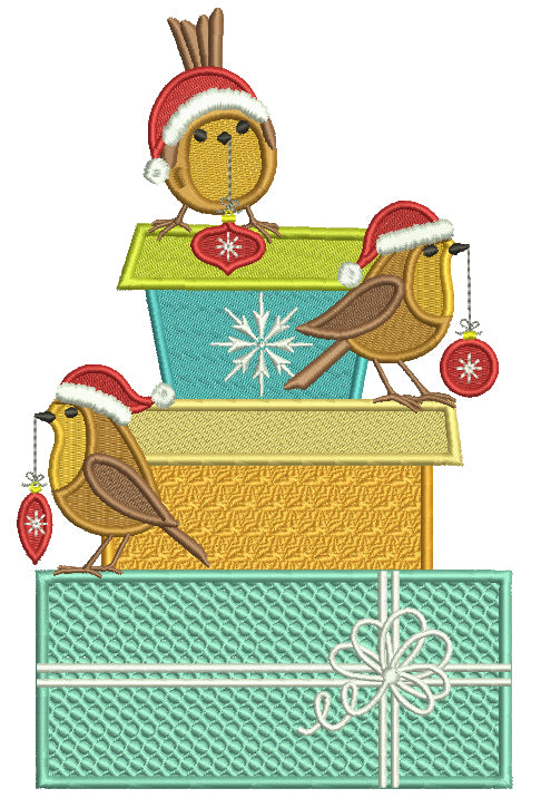 Three Little Birds Sitting On Christmas Presents Filled Machine Embroidery Design Digitized Pattern