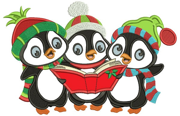 Three Penguins Singing Christmas Carols Applique Machine Embroidery Design Digitized Pattern