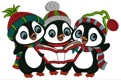 Three Penguins Singing Christmas Carols Applique Machine Embroidery Design Digitized Pattern