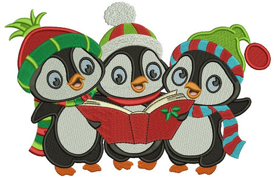 Three Penguins Singing Christmas Carols Filled Machine Embroidery Design Digitized Pattern