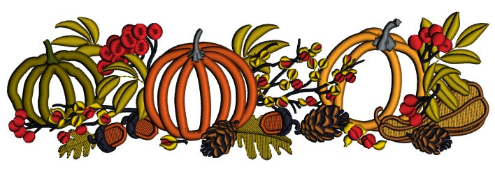 Three Pumpkins Acorns and Leaves Fall Applique Thanksgiving Machine Embroidery Design Digitized Pattern