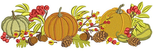 Three Pumpkins Acorns and Leaves Fall Filled Thanksgiving Machine Embroidery Design Digitized Pattern