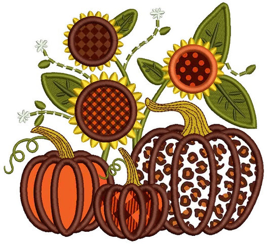 Three Pumpkins And Sunflowers Fall Thanksgiving Applique Machine Embroidery Design Digitized Pattern