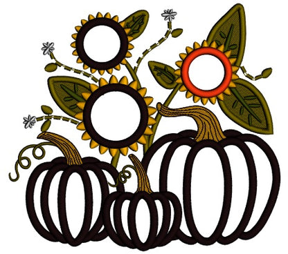 Three Pumpkins And Sunflowers Fall Thanksgiving Applique Machine Embroidery Design Digitized Pattern