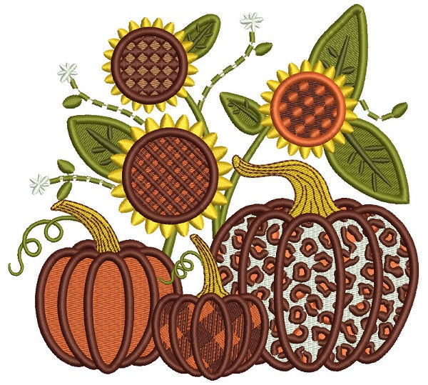 Three Pumpkins And Sunflowers Fall Thanksgiving Filled Machine Embroidery Design Digitized Pattern