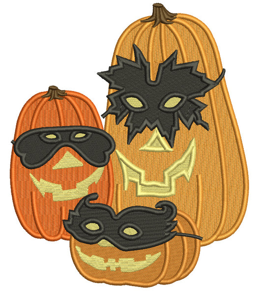 Three Pumpkins Wearing Face Masks Halloween Filled Machine Embroidery Design Digitized Pattern