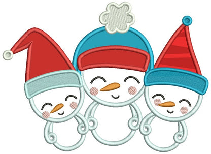 Three Snowmen Wearing Santa Hat Christmas Applique Machine Embroidery Design Digitized Pattern