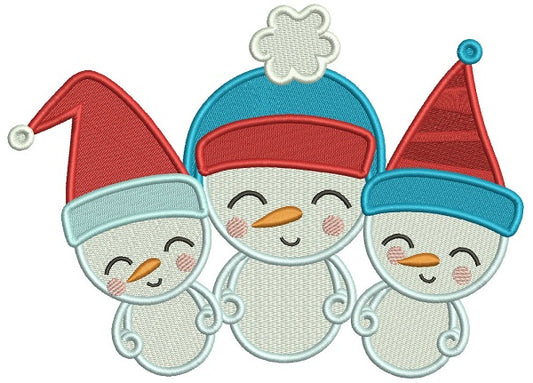 Three Snowmen Wearing Santa Hat Christmas Filled Machine Embroidery Design Digitized Pattern