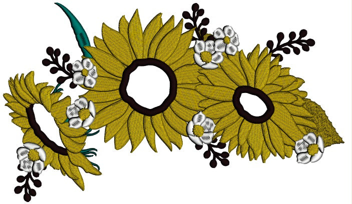 Three Sunflowers Fall Thanksgiving Applique Machine Embroidery Design Digitized Pattern