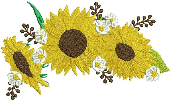 Three Sunflowers Fall Thanksgiving Filled Machine Embroidery Design Digitized Pattern