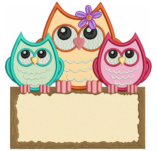 Three owls Applique Machine Embroidery Digitized Design Pattern